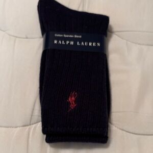 Ralph Lauren Navy Blue Ribbed Crew Socks with Red Polo Logo